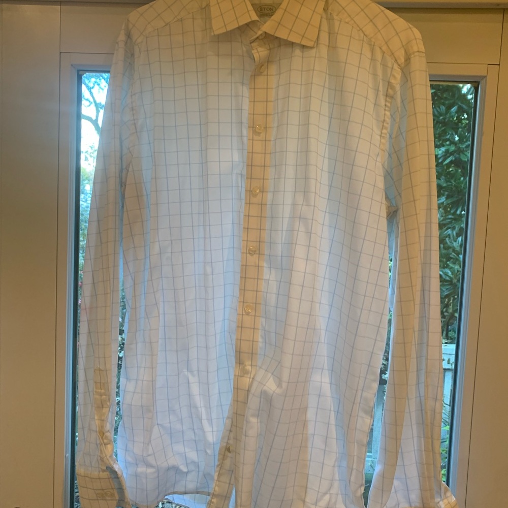 17” Eton contemporary fit long sleeve white shirt with blue checks.